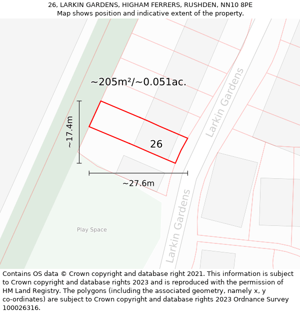 26, LARKIN GARDENS, HIGHAM FERRERS, RUSHDEN, NN10 8PE: Plot and title map