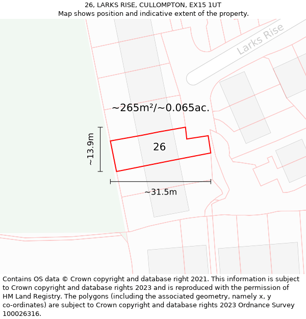 26, LARKS RISE, CULLOMPTON, EX15 1UT: Plot and title map