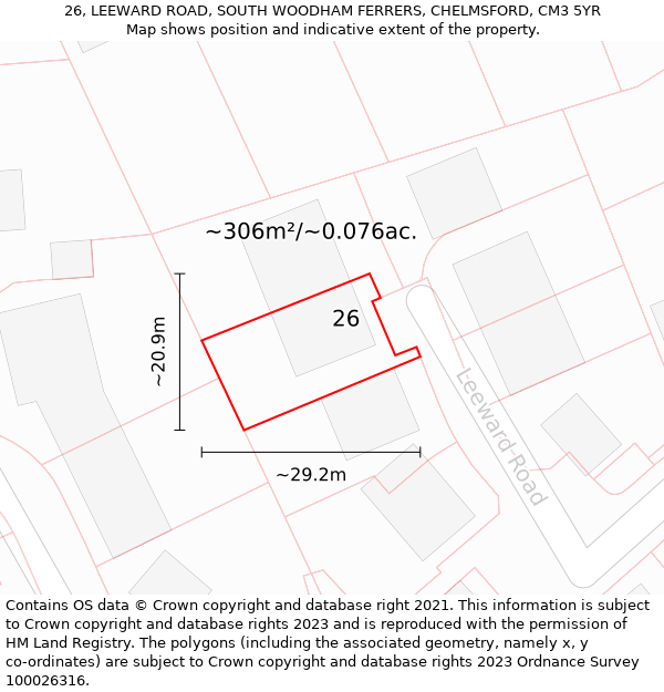 26, LEEWARD ROAD, SOUTH WOODHAM FERRERS, CHELMSFORD, CM3 5YR: Plot and title map