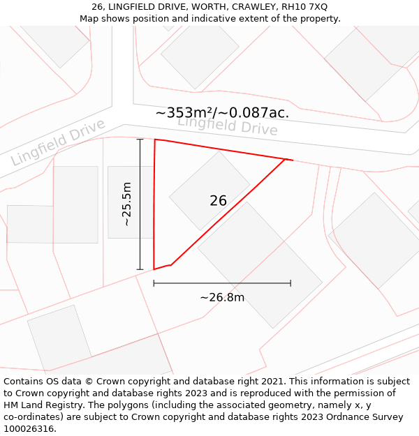 26, LINGFIELD DRIVE, WORTH, CRAWLEY, RH10 7XQ: Plot and title map