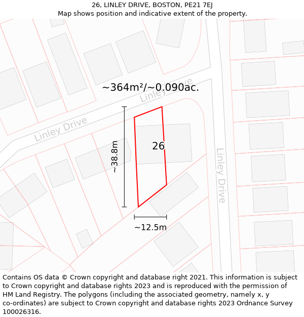 26, LINLEY DRIVE, BOSTON, PE21 7EJ: Plot and title map