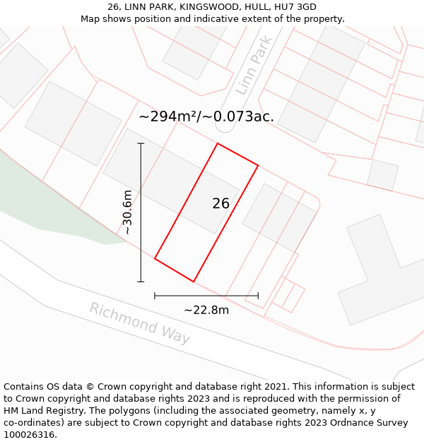 26, LINN PARK, KINGSWOOD, HULL, HU7 3GD: Plot and title map