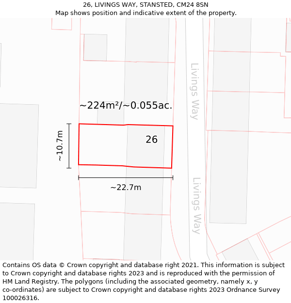 26, LIVINGS WAY, STANSTED, CM24 8SN: Plot and title map