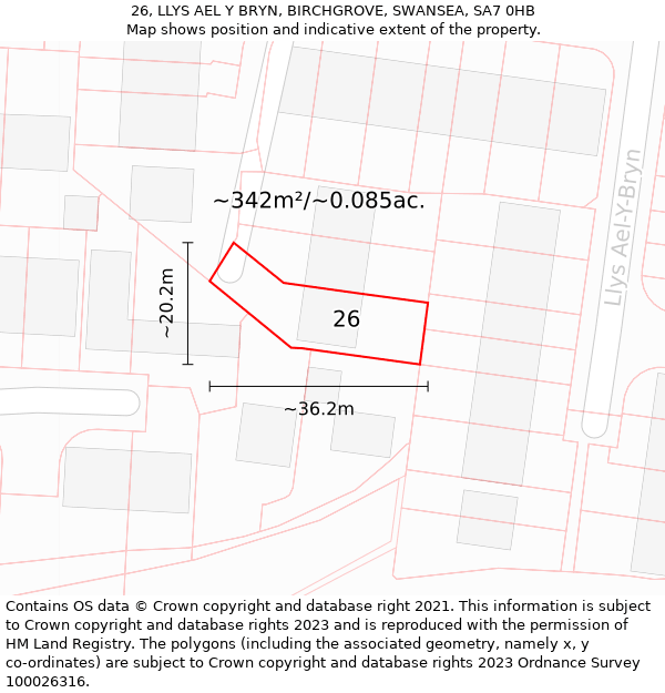 26, LLYS AEL Y BRYN, BIRCHGROVE, SWANSEA, SA7 0HB: Plot and title map