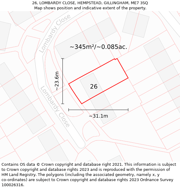 26, LOMBARDY CLOSE, HEMPSTEAD, GILLINGHAM, ME7 3SQ: Plot and title map