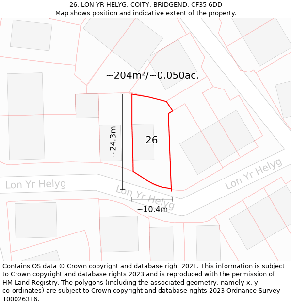 26, LON YR HELYG, COITY, BRIDGEND, CF35 6DD: Plot and title map