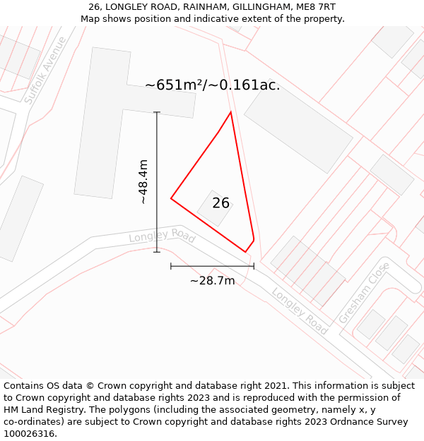 26, LONGLEY ROAD, RAINHAM, GILLINGHAM, ME8 7RT: Plot and title map