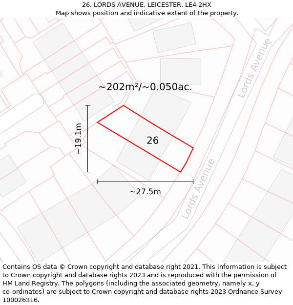 26, LORDS AVENUE, LEICESTER, LE4 2HX: Plot and title map