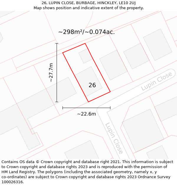 26, LUPIN CLOSE, BURBAGE, HINCKLEY, LE10 2UJ: Plot and title map