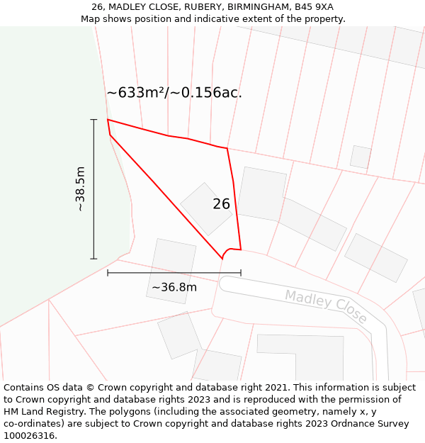 26, MADLEY CLOSE, RUBERY, BIRMINGHAM, B45 9XA: Plot and title map