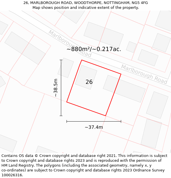 26, MARLBOROUGH ROAD, WOODTHORPE, NOTTINGHAM, NG5 4FG: Plot and title map