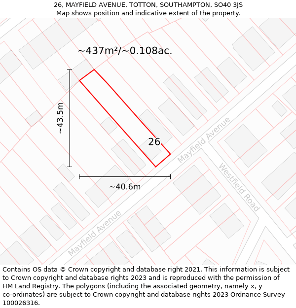 26, MAYFIELD AVENUE, TOTTON, SOUTHAMPTON, SO40 3JS: Plot and title map