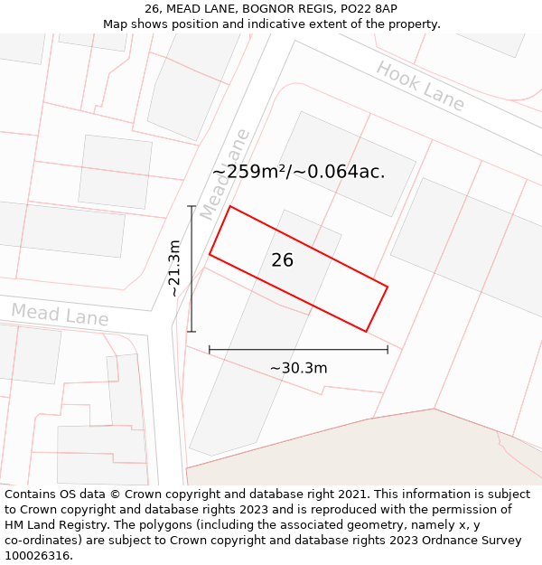 26, MEAD LANE, BOGNOR REGIS, PO22 8AP: Plot and title map