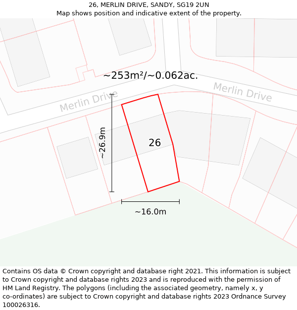 26, MERLIN DRIVE, SANDY, SG19 2UN: Plot and title map