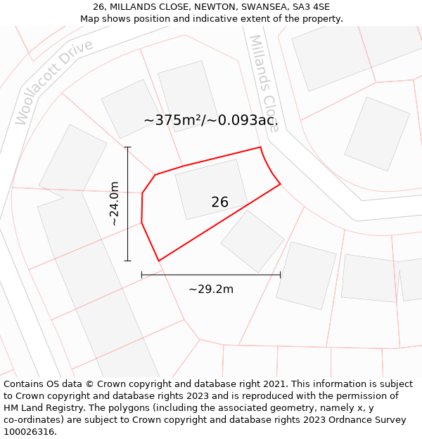 26, MILLANDS CLOSE, NEWTON, SWANSEA, SA3 4SE: Plot and title map