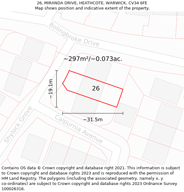 26, MIRANDA DRIVE, HEATHCOTE, WARWICK, CV34 6FE: Plot and title map