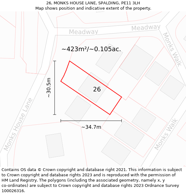 26, MONKS HOUSE LANE, SPALDING, PE11 3LH: Plot and title map