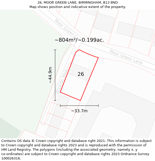 26, MOOR GREEN LANE, BIRMINGHAM, B13 8ND: Plot and title map