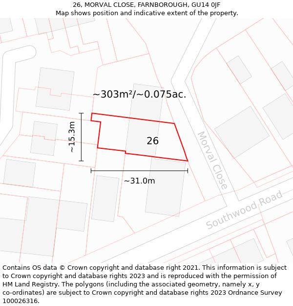 26, MORVAL CLOSE, FARNBOROUGH, GU14 0JF: Plot and title map