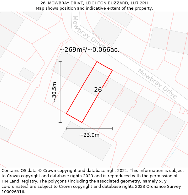 26, MOWBRAY DRIVE, LEIGHTON BUZZARD, LU7 2PH: Plot and title map