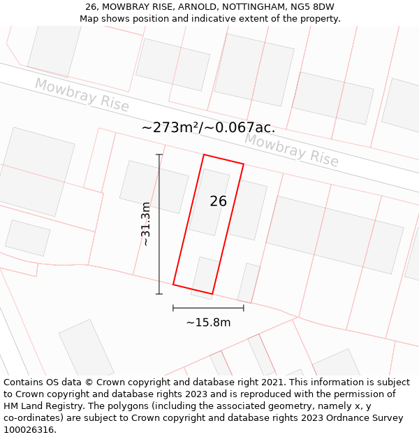 26, MOWBRAY RISE, ARNOLD, NOTTINGHAM, NG5 8DW: Plot and title map