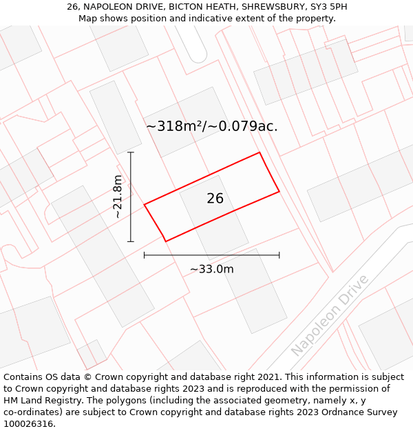 26, NAPOLEON DRIVE, BICTON HEATH, SHREWSBURY, SY3 5PH: Plot and title map