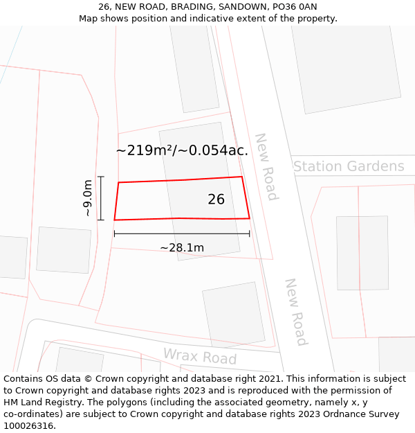 26, NEW ROAD, BRADING, SANDOWN, PO36 0AN: Plot and title map