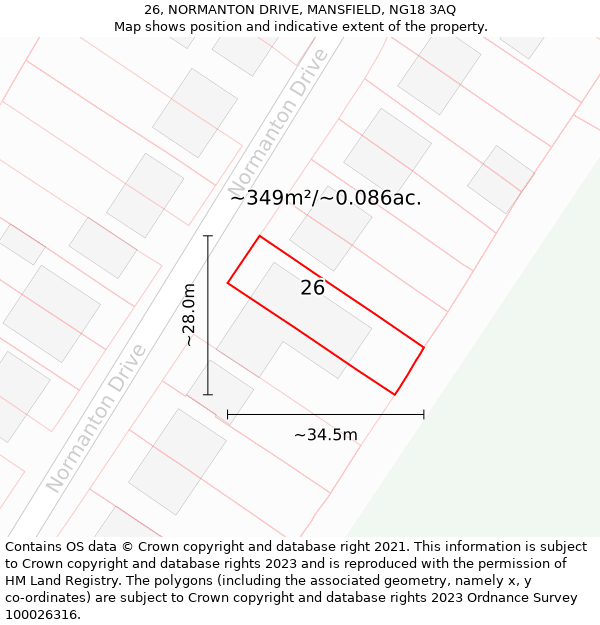 26, NORMANTON DRIVE, MANSFIELD, NG18 3AQ: Plot and title map