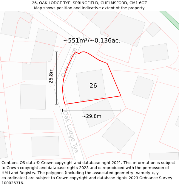 26, OAK LODGE TYE, SPRINGFIELD, CHELMSFORD, CM1 6GZ: Plot and title map