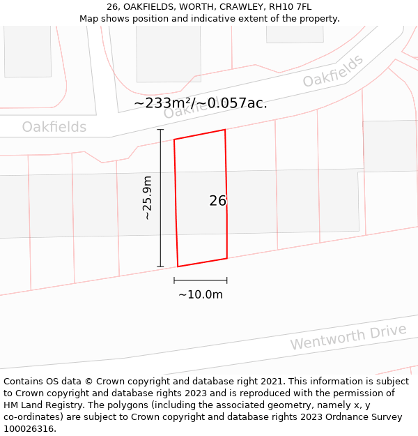 26, OAKFIELDS, WORTH, CRAWLEY, RH10 7FL: Plot and title map