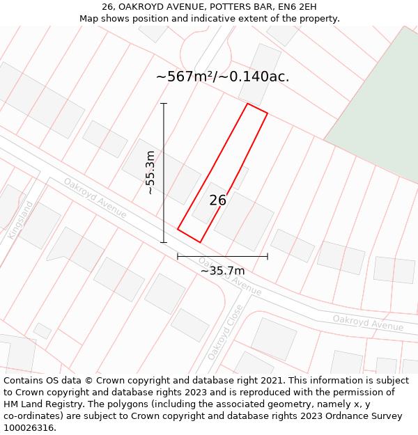 26, OAKROYD AVENUE, POTTERS BAR, EN6 2EH: Plot and title map