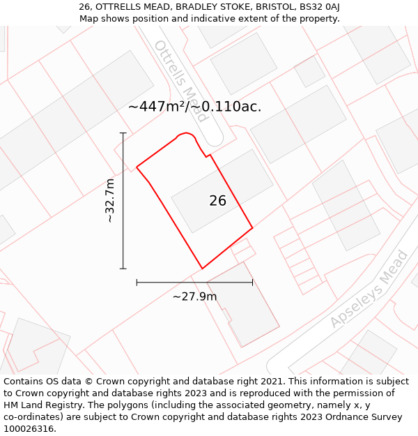 26, OTTRELLS MEAD, BRADLEY STOKE, BRISTOL, BS32 0AJ: Plot and title map