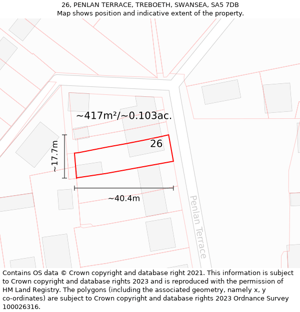 26, PENLAN TERRACE, TREBOETH, SWANSEA, SA5 7DB: Plot and title map