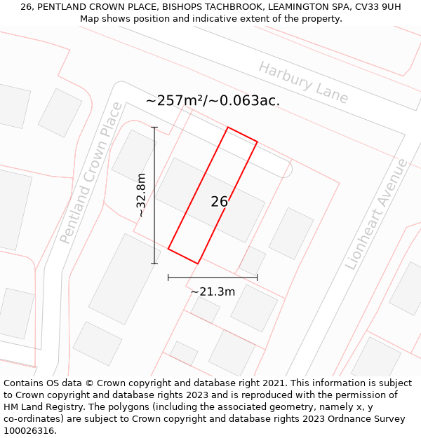 26, PENTLAND CROWN PLACE, BISHOPS TACHBROOK, LEAMINGTON SPA, CV33 9UH: Plot and title map