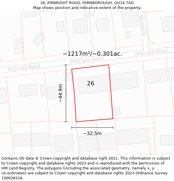 26, PIRBRIGHT ROAD, FARNBOROUGH, GU14 7AD: Plot and title map