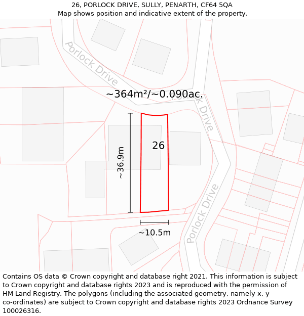 26, PORLOCK DRIVE, SULLY, PENARTH, CF64 5QA: Plot and title map