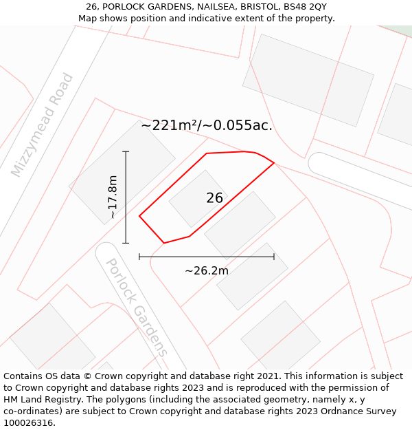 26, PORLOCK GARDENS, NAILSEA, BRISTOL, BS48 2QY: Plot and title map