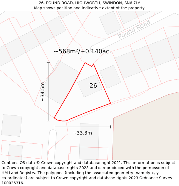 26, POUND ROAD, HIGHWORTH, SWINDON, SN6 7LA: Plot and title map