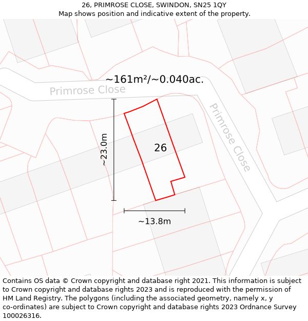 26, PRIMROSE CLOSE, SWINDON, SN25 1QY: Plot and title map