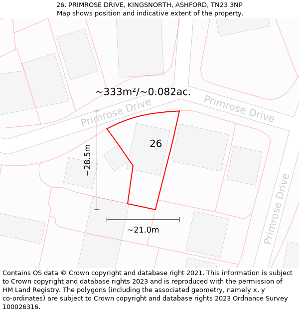 26, PRIMROSE DRIVE, KINGSNORTH, ASHFORD, TN23 3NP: Plot and title map