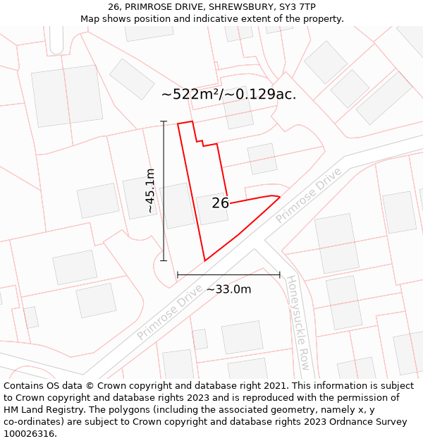 26, PRIMROSE DRIVE, SHREWSBURY, SY3 7TP: Plot and title map