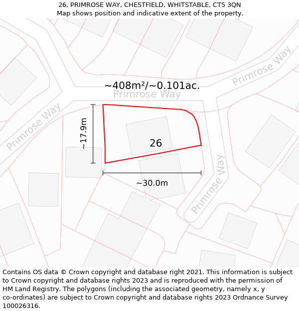 26, PRIMROSE WAY, CHESTFIELD, WHITSTABLE, CT5 3QN: Plot and title map