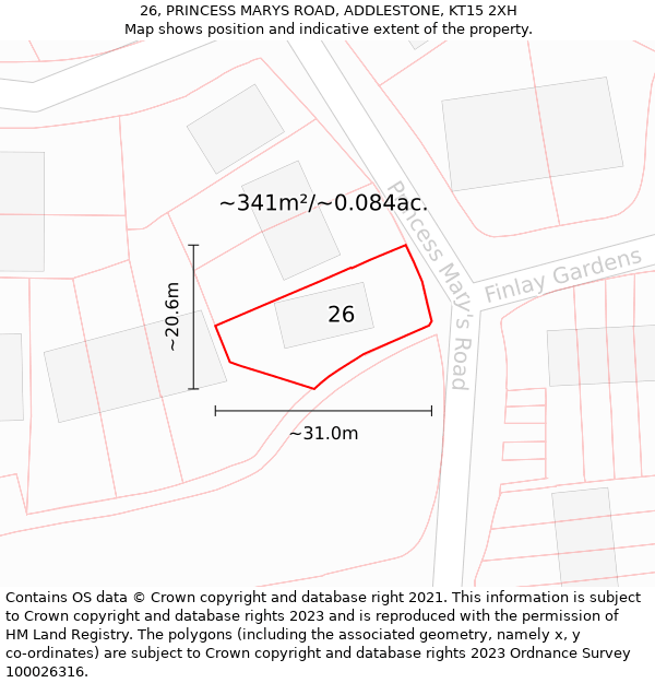 26, PRINCESS MARYS ROAD, ADDLESTONE, KT15 2XH: Plot and title map