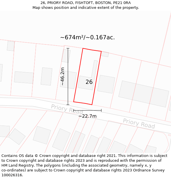 26, PRIORY ROAD, FISHTOFT, BOSTON, PE21 0RA: Plot and title map