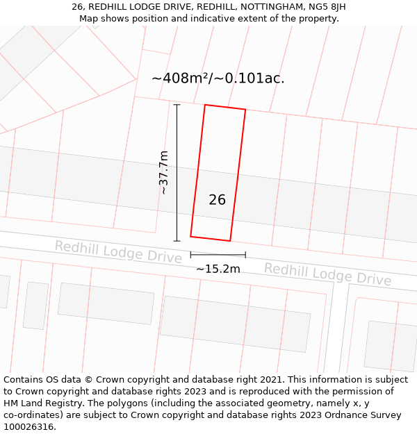 26, REDHILL LODGE DRIVE, REDHILL, NOTTINGHAM, NG5 8JH: Plot and title map