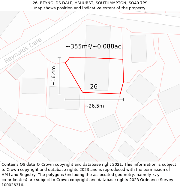 26, REYNOLDS DALE, ASHURST, SOUTHAMPTON, SO40 7PS: Plot and title map