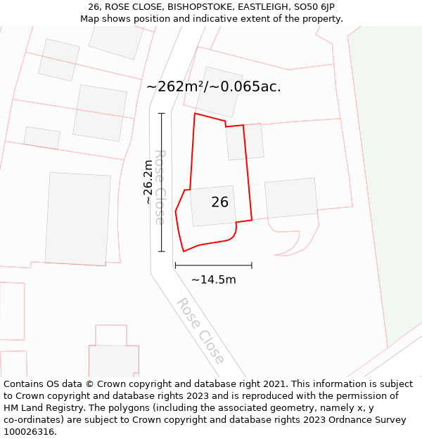 26, ROSE CLOSE, BISHOPSTOKE, EASTLEIGH, SO50 6JP: Plot and title map