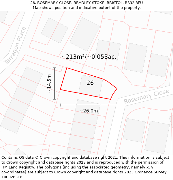 26, ROSEMARY CLOSE, BRADLEY STOKE, BRISTOL, BS32 8EU: Plot and title map