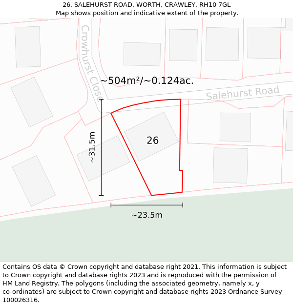 26, SALEHURST ROAD, WORTH, CRAWLEY, RH10 7GL: Plot and title map