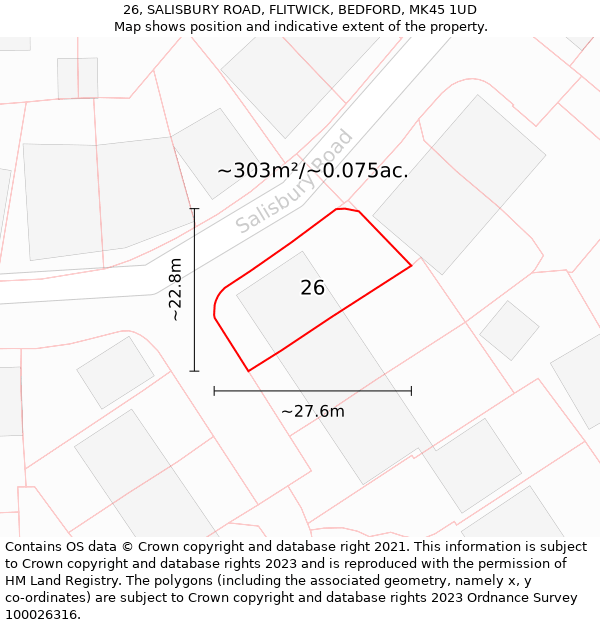 26, SALISBURY ROAD, FLITWICK, BEDFORD, MK45 1UD: Plot and title map